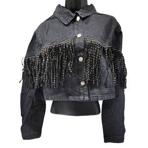 Baevley Crop Denim Jacket Black With Studded Fringe Womens Med New in Bag